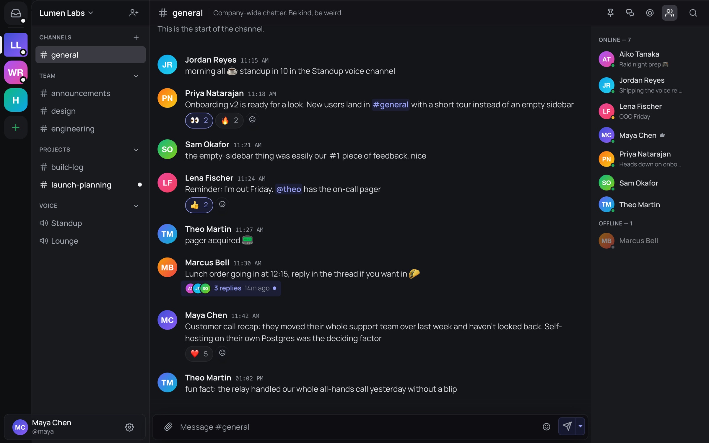 The hasht app: a team server's #general channel with reactions, a thread, and the member list showing who's online