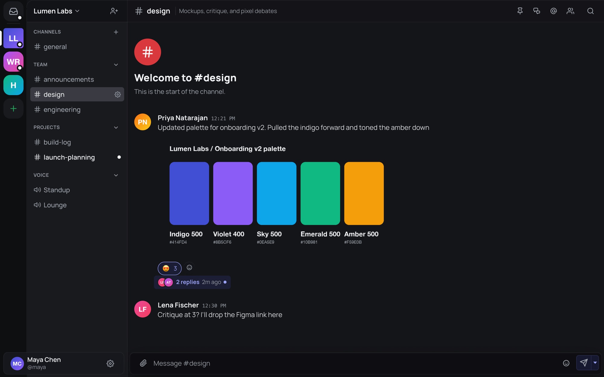 A #design channel with a shared color palette image, reactions and a thread