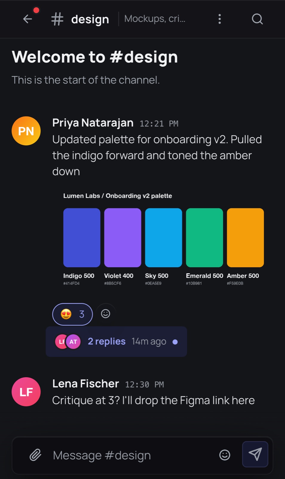 hasht on a phone showing an image shared in #design