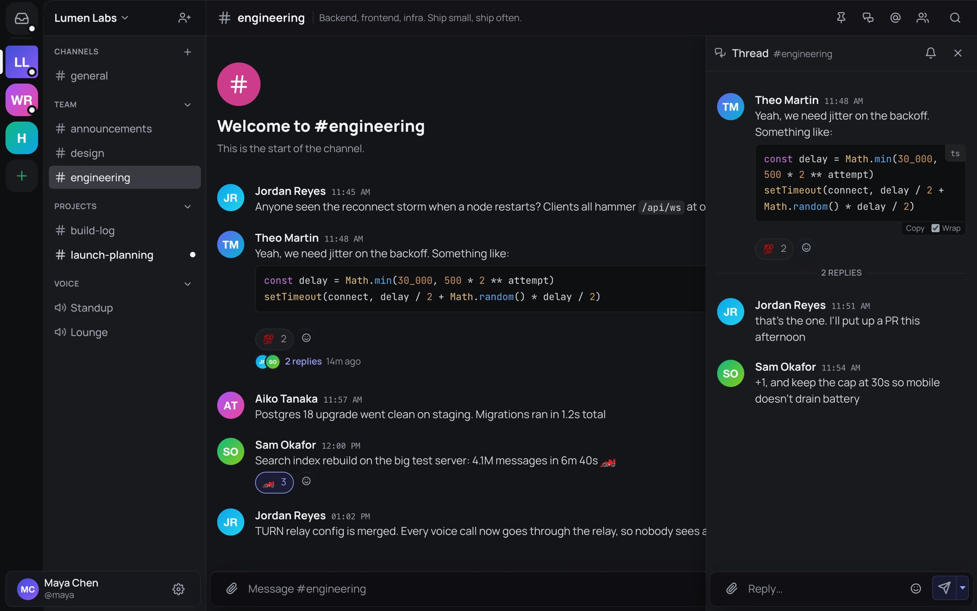 An #engineering channel with a code snippet and a thread panel open on the right